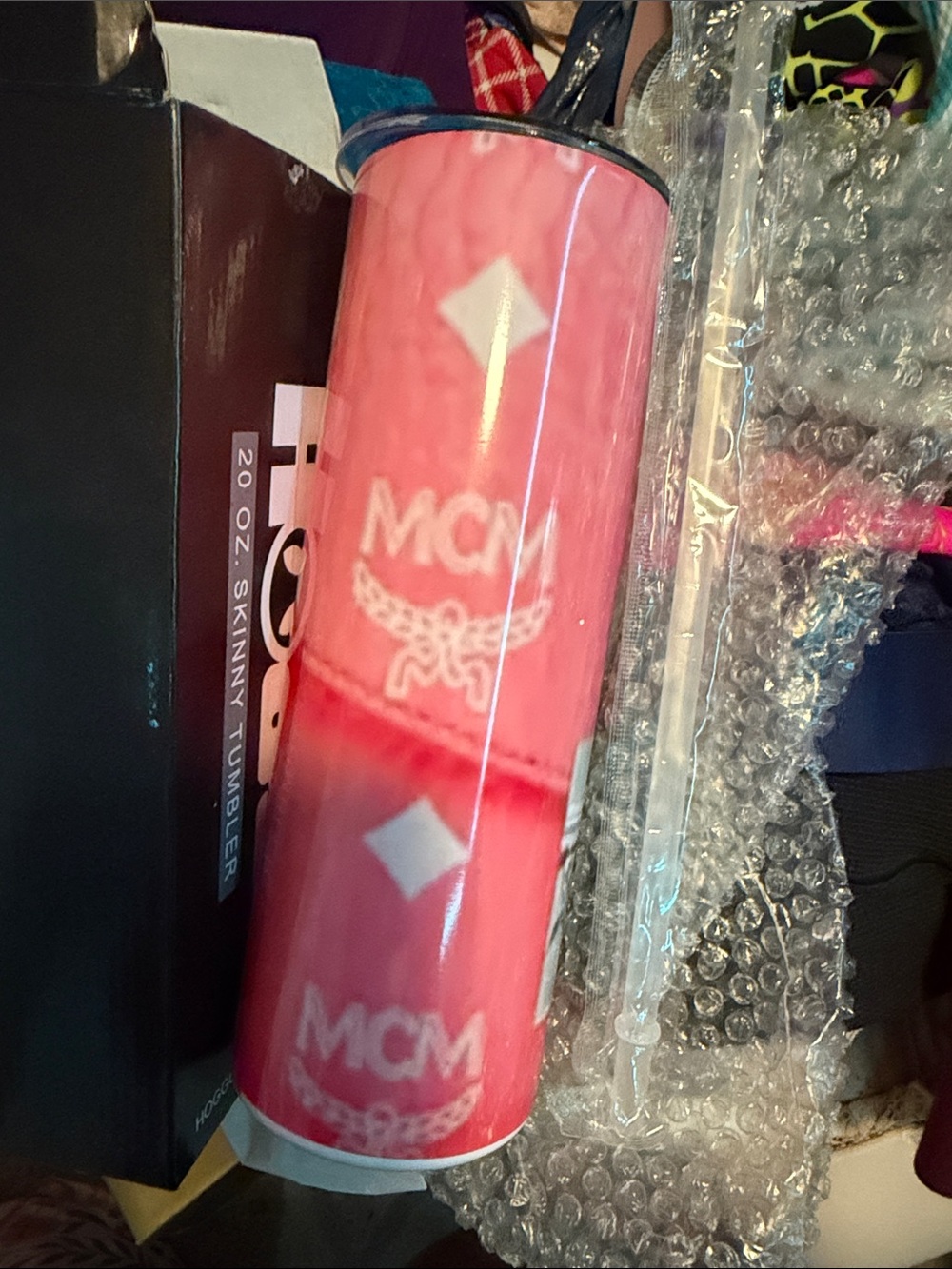MCM Pink Logo Skinny Tumbler with Clear Lid and Straw